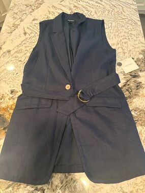Ellen Tracy Navy Sleeveless Belted Blazer Vest